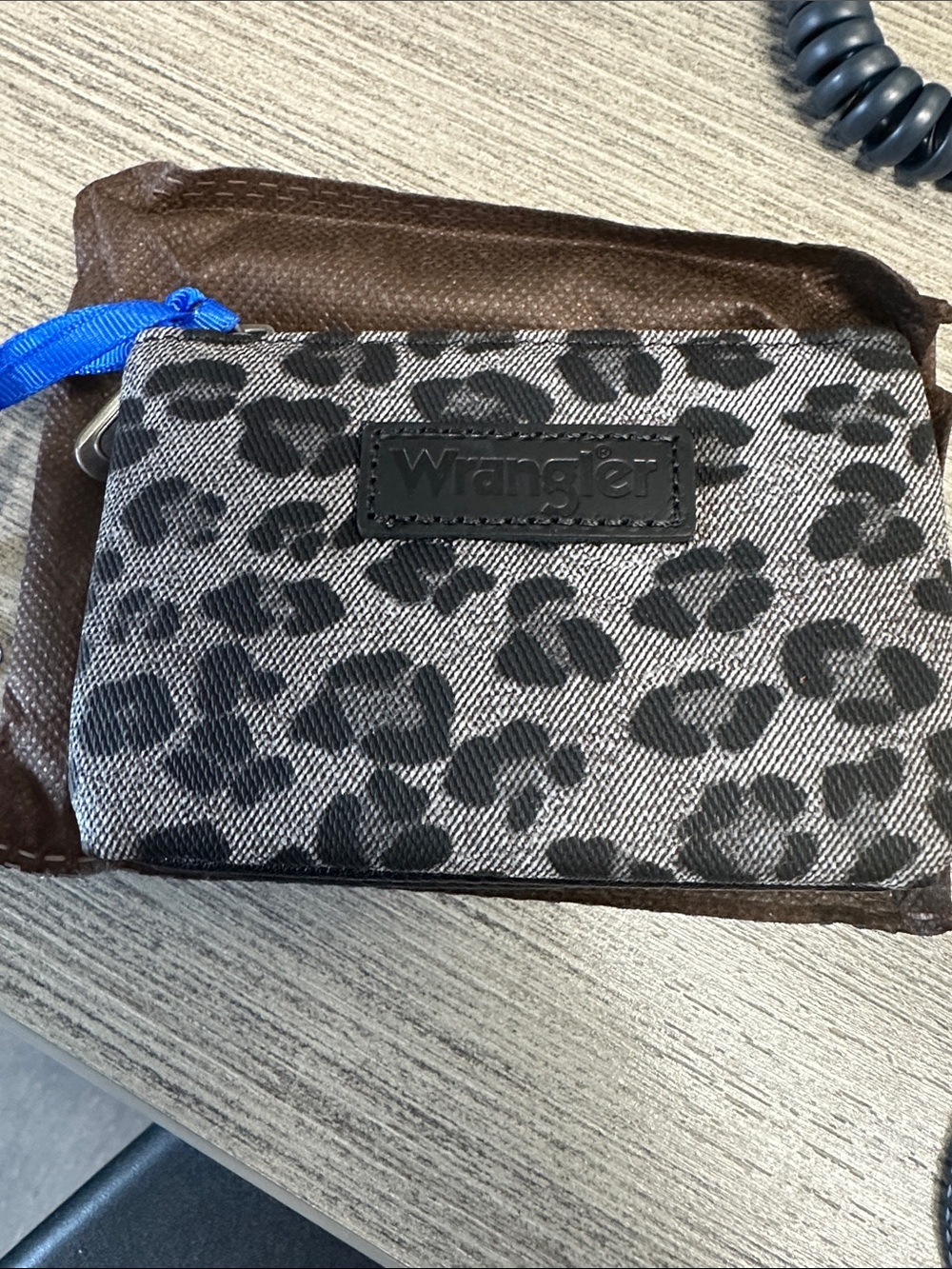 Wrangler Gray & Black Leopard Print Zip Card Holder with Blue Pull